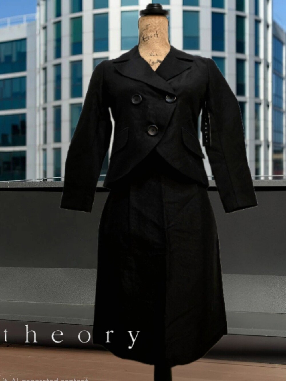 Theory Black Cheyla Cropped Double-Breasted Jacket W/ Matching A-Line Midi Skirt